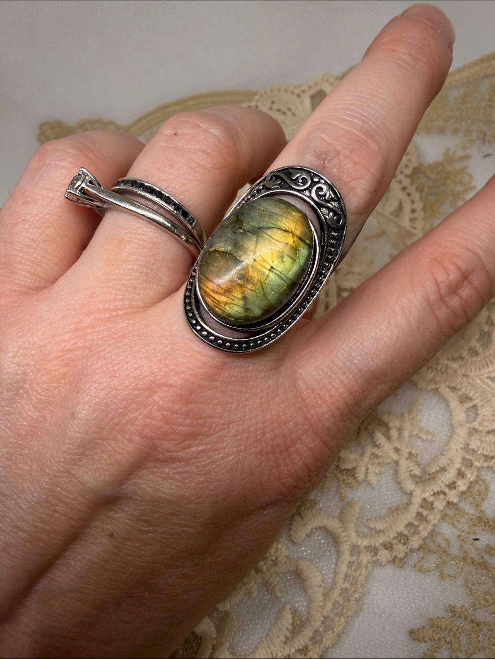 Genuine Golden Flash Labradorite Adjustable Stainless Steel Ring Witchy Luxe